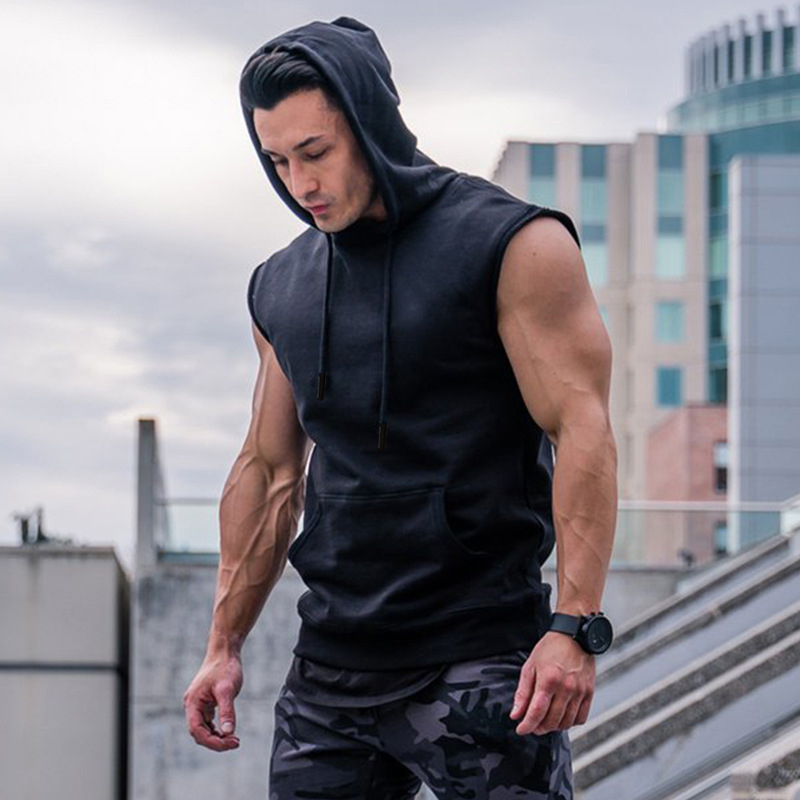 Summer Hooded Tank Tops Men Gym Fitness Sport Sleeveless