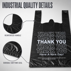 Sacs de courses modernes en HDPE noirs, recyclables, imperméables, avec soufflets latéraux, poignée pour T-shirt, et impression 'Thank You Have Nice Day' blanche - Product Image 2