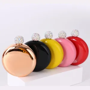 CL1 Portable 5oz Alcohol Bottle Round Flask With Rhinestone Cap Party Gifts Pocket Flagon Mini Women Stainless Steel Hip Flask
