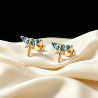 Boucles d'oreilles clous libellule en argent sterling 925, zircone bleue taille poire, plaqué or 14 carats, bijoux fins, vente en gros