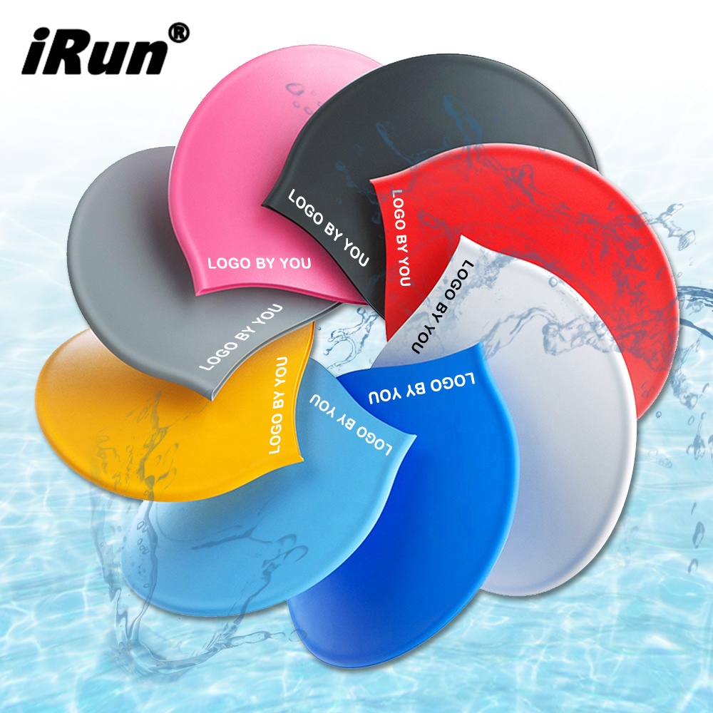 IRun OEM Colorido Moda Logotipo Personalizado Impresso 100% Silicone Swim Caps Profissional Eco-friendly Swim Race Caps Natação Cap