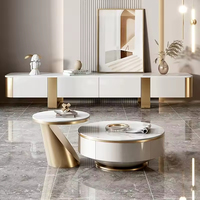 Ensemble de meuble TV et table basse en bois avec plateau en marbre de luxe moderne pour salon, design de meuble flottant beige