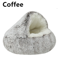 Vente en gros d'usine OEM lit pour chat grotte lit rond en peluche moelleux à capuche pour chien beignet auto-chaud maison pour animaux de compagnie lit apaisant nid de chenil de couchage