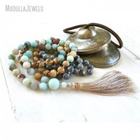 MN21302 Collier Mala 108 perles pour chant tribal, en Jaspe image et Amazonite, perles nouées à la main, pierre naturelle Map Stone, bijoux de yoga en gros