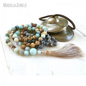 MN21302 Collier Mala 108 perles pour chant tribal, en Jaspe image et Amazonite, perles nouées à la main, pierre naturelle Map Stone, bijoux de yoga en gros - Product Image 1
