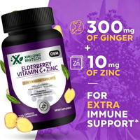 Capsules de Vitamine C, Zinc, Gingembre et Vitamine D à base de Sureau, 120 unités, 5-en-1, Complément Alimentaire, OEM ODM Marque Privée