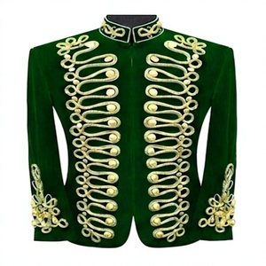 Blazer de costume pour homme vert doré tressé brodé, à double boutonnage, col montant, style hussard, pour performance scénique hivernale et uniforme de mariage - Product Image 1