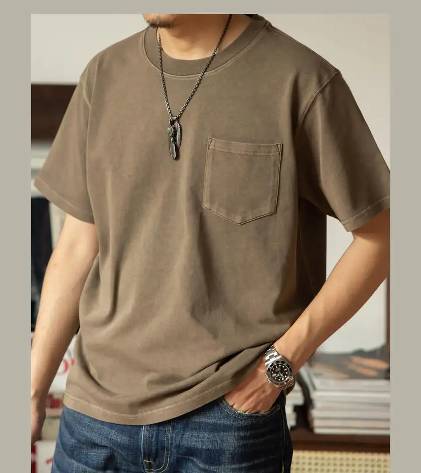 oversized retro pocket Mans 340gsm Heavy Thick Casual Tee Cotton Batik Dyeing T Shirt 4 Colours