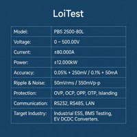 Fuente de Alimentación CC Bidireccional PBS 2500-80L 500V 80A 12kW con Simulación de Batería para Pruebas Bidireccionales CC/CC y de Paquetes de Baterías