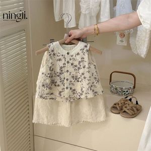 Traje para niños Verano Niñas Algodón Lino Sin mangas Estampado de flores Top Pantalones de pierna <span class=keywords><strong>ancha</strong></span> Conjunto de 2 piezas <span class=keywords><strong>Ropa</strong></span> de bebé dulce - Product Image 2