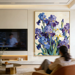 Hand Painted Iris Oil Painting Modern Floral <b>Art</b> Wooden Frame Living Room Wall Decor - Product Image 2