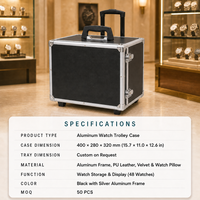 Valise de présentation de bijoux de luxe personnalisée en aluminium avec plateaux de rangement en cuir PU et velours et roulettes pour exposition