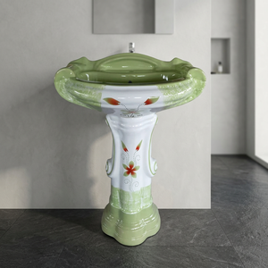 Green Marble Effect Round Ceramic Designer Wash Basin with Full Pedestal - Product Image 3