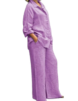 Ensemble chemise et pantalon pour femme, style vintage, uni, manches longues, boutonné, chemisier et pantalon droit ample, tenue décontractée