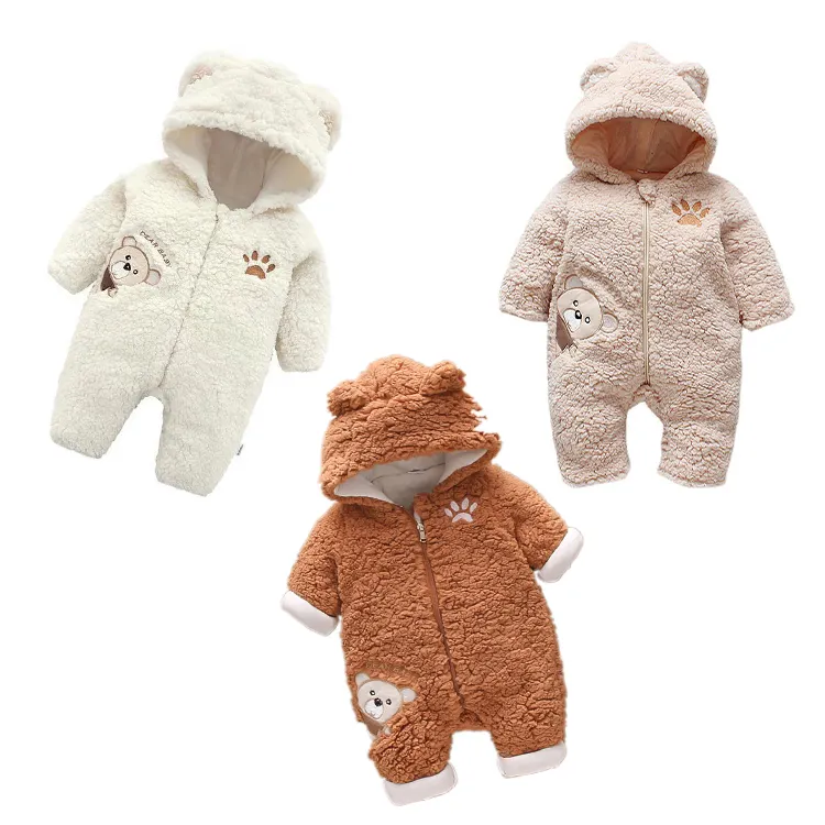 New Style Baby thickened Berber Fleece Long Sleeve Jumpsuit Baby Hooded Bear Paw Crawling Suit Baby Clothing For Fall Winter