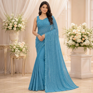 Indian Boutique Elegant Blue Georgette Quick Dry Glitter Print <b>Saree</b> <b>Women</b> Regular Fit Wedding Wear Bridal Pakistan All Seasons - Product Image 1