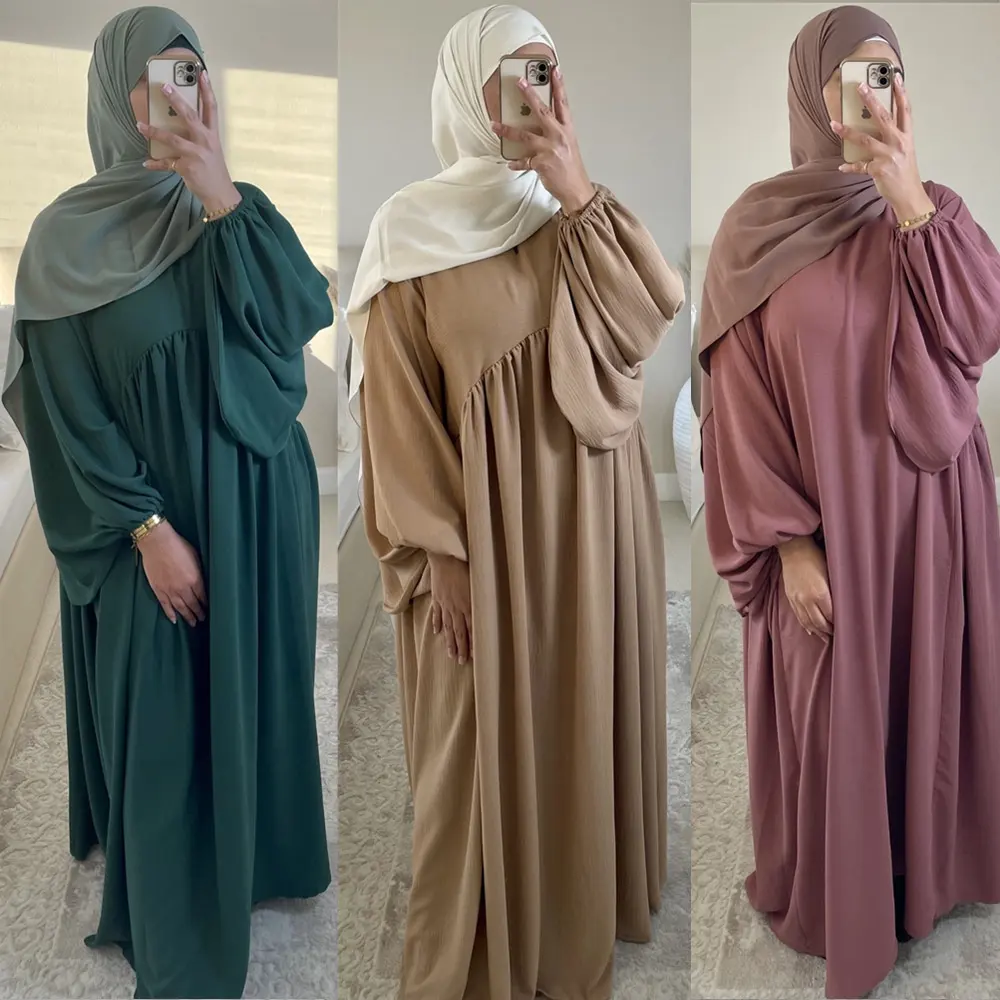 F221 # Einfaches Kleid mit Rundhals ausschnitt Dubai Abaya Einfarbige Kaftan Islamische Kleidung Langes Kleid Abaya Frauen Muslimische Kleider