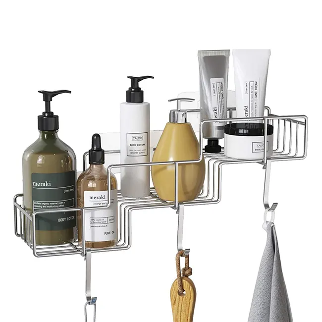 Shower Caddy Basket with Hooks for Shampoo Conditioner Bathroom Shelf Storage Organizer Adhesive No Drilling Wall Mounted