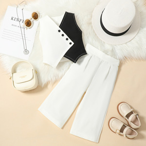 Nuovo Completo da Ragazza con Gilet a Contrasto di Colore, Top con Scollo a V, <span class=keywords><strong>Pantaloni</strong></span> a Gamba Larga in Bianco e Nero - Product Image 3