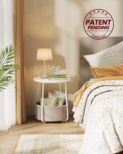 SENYU Modern Round Side <b>Table</b> with Storage Basket for Living Room Furniture, Minimalist Design, White Metal Frame and Fabric Bin - Product Image 2