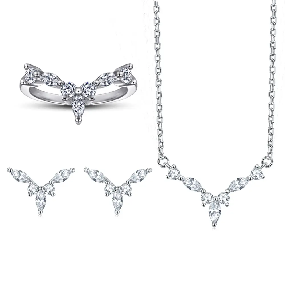 Luxury Cubic Zirconia Clover Crown Pendant Necklace Ring Earrings Set 3 Pcs Set Fashion Wholesale Silver Jewellery
