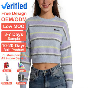 Özel OEM/ODM Kadın Yünlü Mohair Karışımlı Kazak Makaron Kontrast Renkli Düşük Omuzlu Uzun Kollu Örme Süveter Üreticisi - Product Image 1