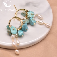Anting-anting buatan tangan mutiara air tawar alami, anting-anting gantung pirus, bahan peniti telinga, perhiasan bohemian