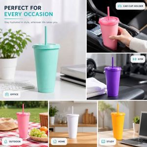 Vaso de Plástico Personalizado con Logotipo de 24 oz (710 ml) con Tapa y Pajita, Taza Reutilizable de Doble Pared para Café, Acabado Mate, para Regalo Empresarial - Product Image 6