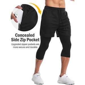 Pantalones capri 2 en 1 para correr FOXA para hombre, de secado rápido, de compresión, con múltiples bolsillos, para gimnasio, entrenamiento, atletismo - Product Image 6