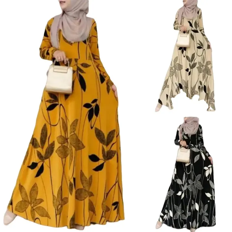 Vestido boêmio leve de manga comprida com estampa floral, vestido de verão para férias, roupão modesto para mulheres somalias, vestido muçulmano