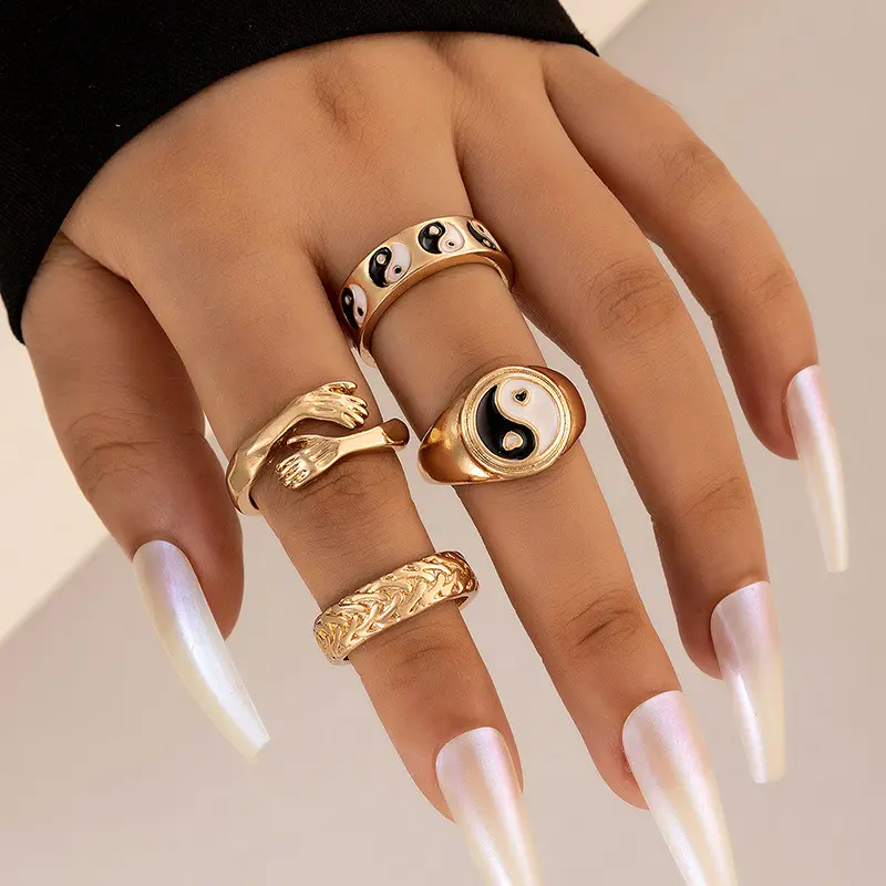 5pcs/set Knuckle Black Tai Chi Yin Yang Palm Oil Drip Finger Ring Set European American Retro Hug Gold Plated Ring For Women