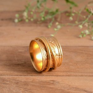 Handmade Brass 14K Gold Plated Modern Flower Textured Meditation Worry Ring with Bezel Setting for Stress Relief Fidget Spinner - Product Image 4
