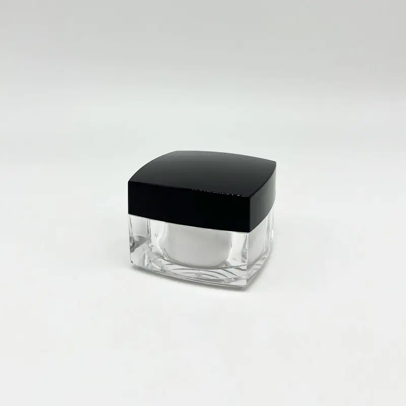 Siyah kapaklı akrilik şeffaf plastik göz kremi kavanoz/iç konteyner ile şeffaf kare plastik göz serumu kavanoz