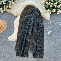 Pantalon cargo camouflage taille haute pour femme, coupe droite ample, jambe large, style décontracté rétro pour le printemps et l'été