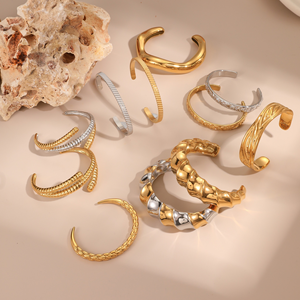 Bracelet en acier inoxydable de mode européenne et américaine, bracelet ouvert, couleur or et argent avec motifs ondulés, haut de gamme - Product Image 2