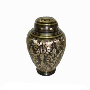 Hand Engraved Solid Brass Cremation Metal <b>Jar</b> Latest Attractive Green Flower Printed Highest Quality Funeral Supplies - Product Image 2