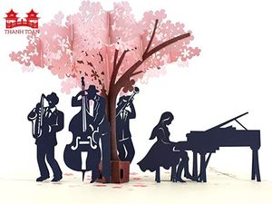 Carte de vœux 3D pop-up artisanale avec groupe de musique sous un arbre à fleurs de cerisier, pour anniversaire, retraite, cadeau pour musicien - Product Image 2