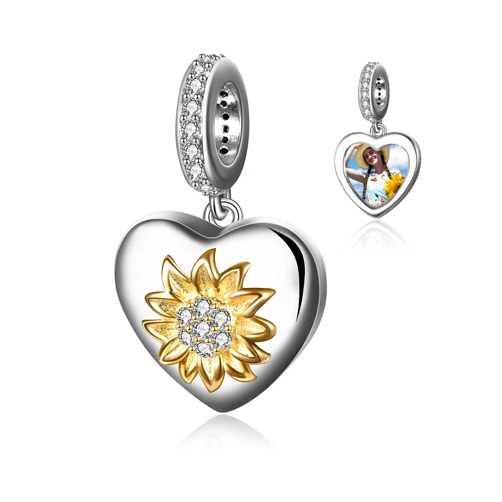 Pendentif en forme de cœur en argent Sterling 925, zircon cubique, breloque tournesol pour Bracelet et collier