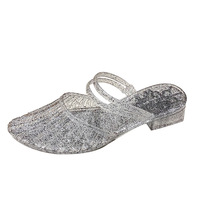 Sandales plates de mode d'été pour femmes Cross-Border Crystal Transparent Net Rouge Antidérapant Gelée Plastique Simple Creux Deux-Wear