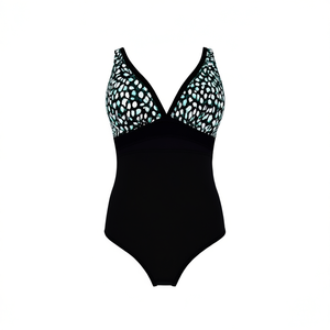 Costume da bagno intero HDJ Plus Size con scollo a V profondo, controllo della pancia, vita alta, stampa a pois, nero BZ77097 - Product Image 1