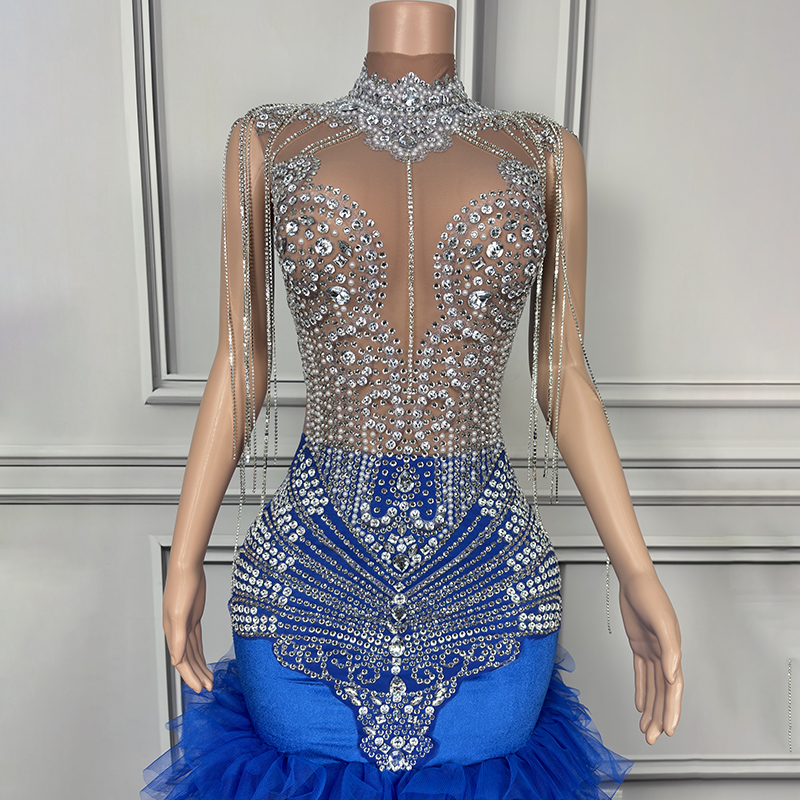 Women Singer Concert Outfit - Chic Evening Dress with Rhinestones