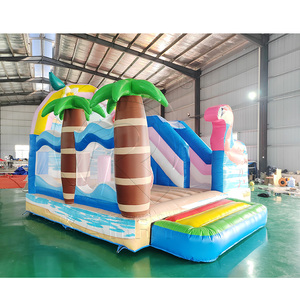 Château gonflable sur le thème tropical des flamants roses avec piscine, palmier et toboggan d'été pour enfants - Product Image 3
