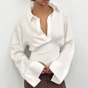 Chemise en satin pour femmes, taille cintrée, design plissé, chemise de bureau élégante à la française, manches longues, boutonnée - Product Image 1