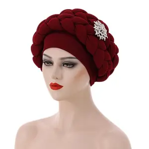 Wholesale Fashion Solid African Auto Gele Polyester Fabric Single-layer Braided Hijab Muslim Ladies Turban Hat