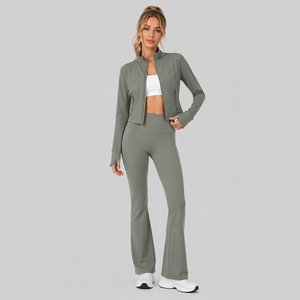Ensemble de yoga 2 pièces inspiré de <span class=keywords><strong>Lulu</strong></span> avec logo personnalisé pour femme : veste courte à col montant et pantalon de yoga évasé taille haute - Product Image 5
