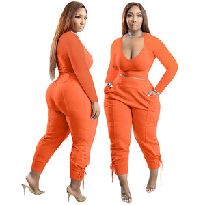 S-5xl autunno taglie forti abbigliamento da <span class=keywords><strong>donna</strong></span> Casual manica lunga scollo a V Top a vita alta <span class=keywords><strong>pantaloni</strong></span> con coulisse due pezzi Set di <span class=keywords><strong>pantaloni</strong></span> - Product Image 3