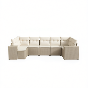 Conjunto de Sofá de Jardín de Ratán Sintético Beige, 6 Plazas, Resistente a la Intemperie, Muebles de Exterior de Diseño Contemporáneo - Product Image 1