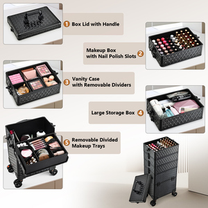 5 in 1 Makeup Train Case with Wheels <b>Rolling</b> Makeup Case Travel Nail Cart Cosmetic Organizer <b>Box</b> Extra Large Cosmetic Trolley - Product Image 3