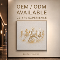 Peinture à l'huile bas-relief de luxe, chevaux blancs au galop peints à la main, sur toile beige dorée, art mural pour hôtel, restaurant, banquet, sur mesure, en gros