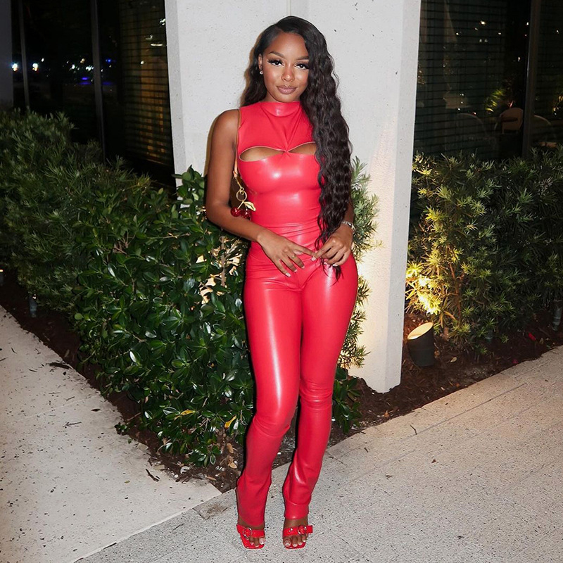 Two Piece Red Leather Pant Suit Trending Now: Leather Jogging